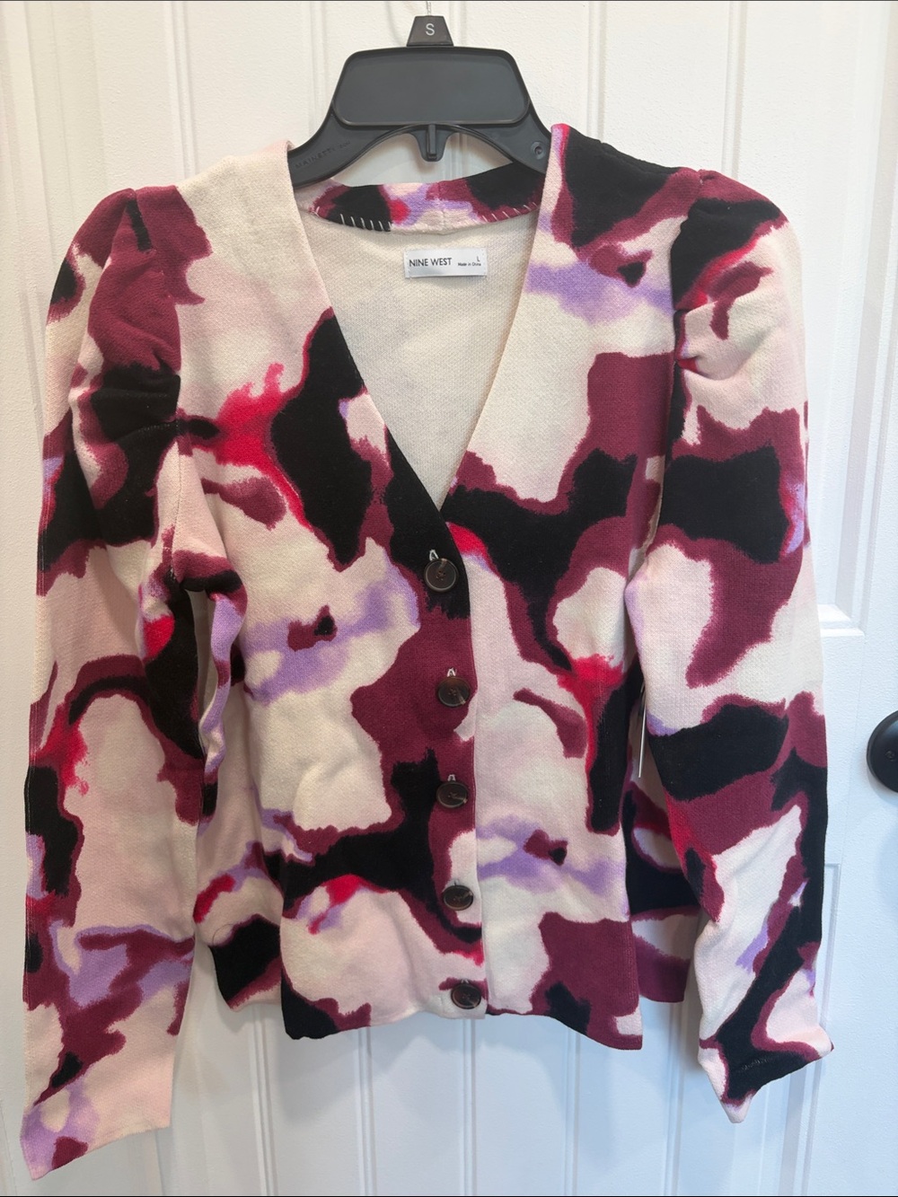 Nine West Pink Black Cream Multi-Color V-Neck Button Cardigan